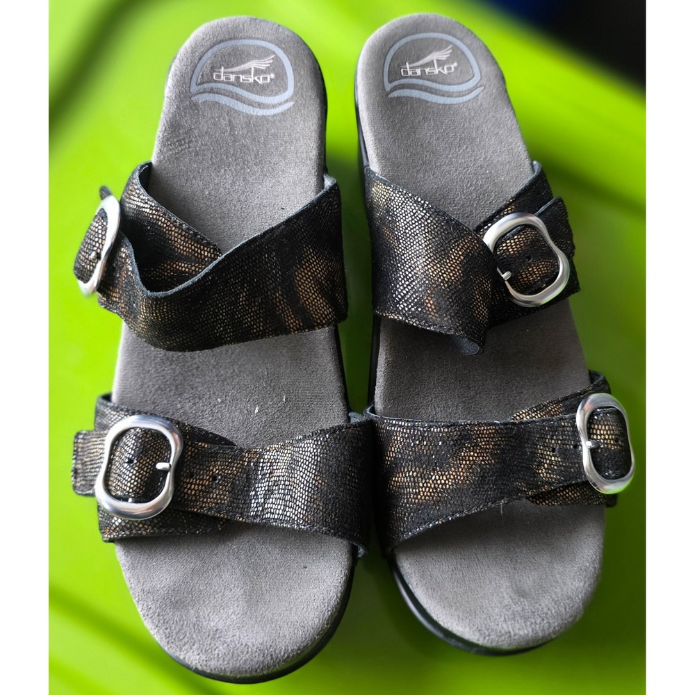 Dansko Womens 39 Black Bronze Animal Print Leather Buckle Slide Wedge Sandals